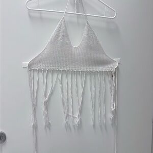 SHEIN Sz L White Fringe Halter Top